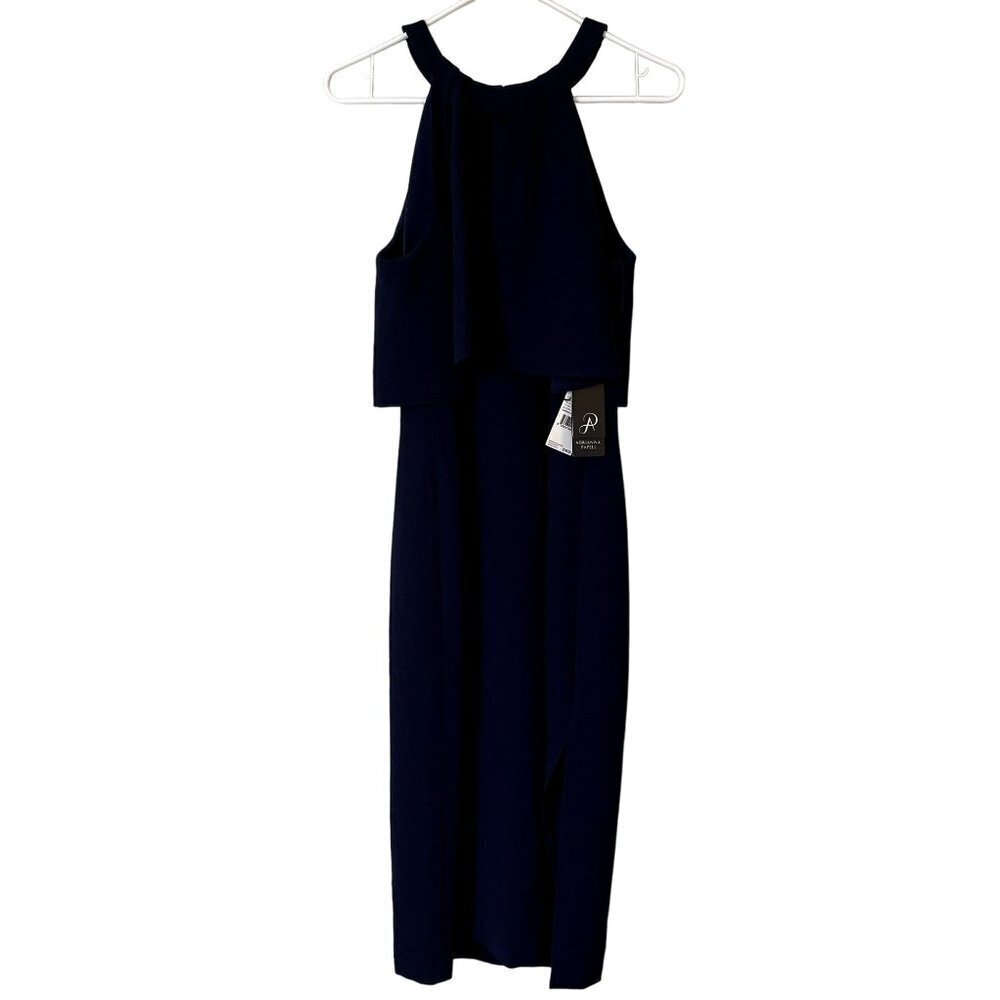 NWT Adrianna Papell navy blue cameron popover midi dress formal prom dress